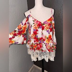 Umgee Floral Ruffle Cold Shoulder Blouse